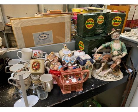 Half shelf to include teapots, mugs, pup parade ornaments, cased set of binoculars, condition requests and additional images 