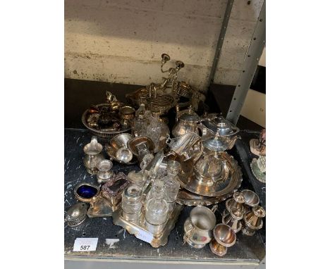 Shelf of plate ware including tea pots, salt &amp; pepper mills, candlesticks, condition requests and additional images will 