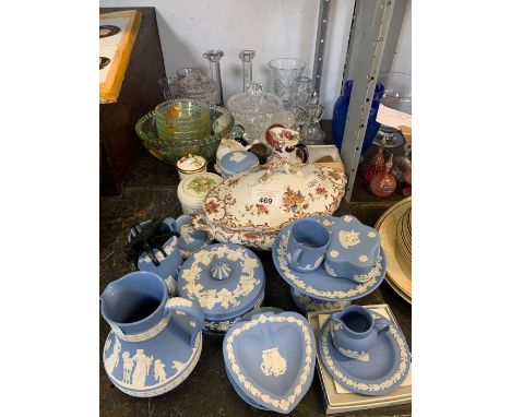 Half shelf of cut glass dishes, candlesticks, Wedgwood items etc, condition requests and additional images will not be given 