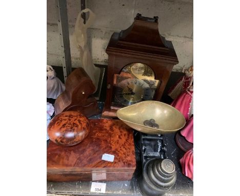 A Burr maple circular box and one other along with a set of weighing scales, modern mantel clock &amp; jewellery cabinet, con