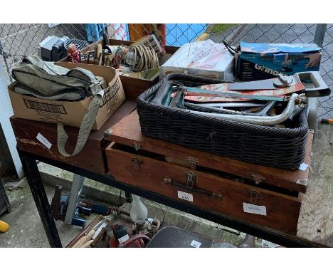 Shelf of tools to include Powerbase angle grinder, toolboxes containing tools, chisels, mallets etc, condition requests and a