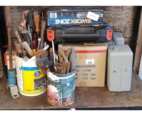 Workzone hammer drill along with a Black &amp; Decker hammer drill, angle grinder &amp; 2 tubs of vintage hand tools, conditi