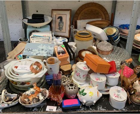 Shelf of various items including Pyrex dishes, costume jewellery, cat figures, postcards, scales, kitchen pots etc condition 