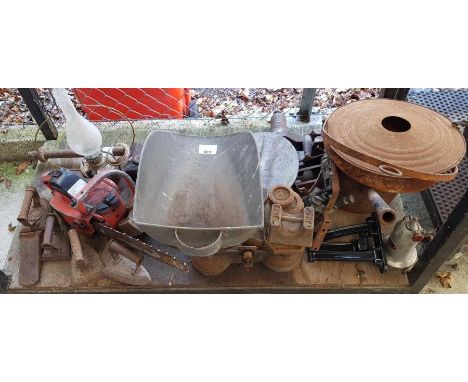 Shelf of mainly cast iron items to include irons, vintage weighing scales &amp; weights, coal scuttle, paraffin lamp etc, con
