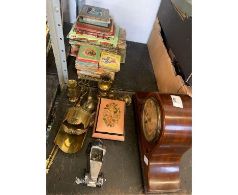 Half shelf to include mantle clock ## KEY ##, childrens books, brass fireside items etc condition requests and additional ima