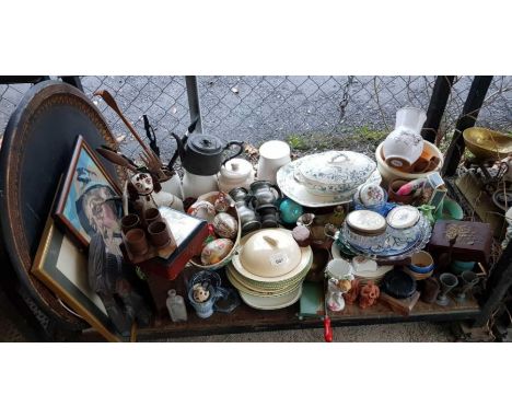 Shelf of items to include china plates, tureens, pewter jugs, framed print etc, condition requests and additional images will