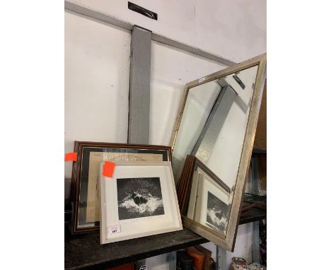 Shelf of framed pictures &amp; mirror, condition requests and additional images will not be given for lots in this sale.