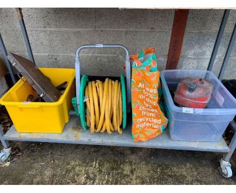 Shelf of items to include a hose reel, metal oil can, hand tools, toolbox etc, condition requests and additional images will 