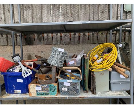 Shelf of mainly hand tools, barbed wire, air compressor etc, condition requests and additional images will not be given for l