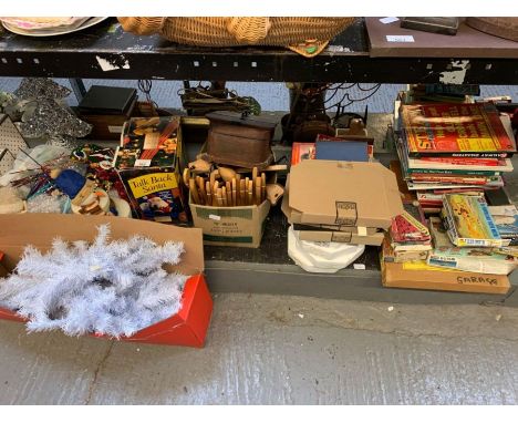 Shelf of wooden hangers, Christmas tree &amp; decorations, Bradford Exchange plates, railway books, Airfix models etc conditi
