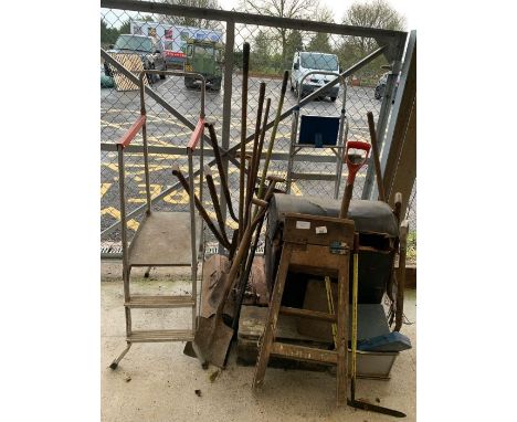 Quantity of garden tools to include spades, rakes, hand tools, metal steps etc, condition requests and additional images will