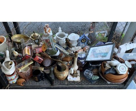 Shelf of items to include vintage scales, ceramics, glassware, wooden bowls, boxed models of Yesteryear etc, condition reques