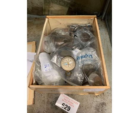 Cigar box filled with various coins from over the World &amp; compass, condition requests and additional images will not be g