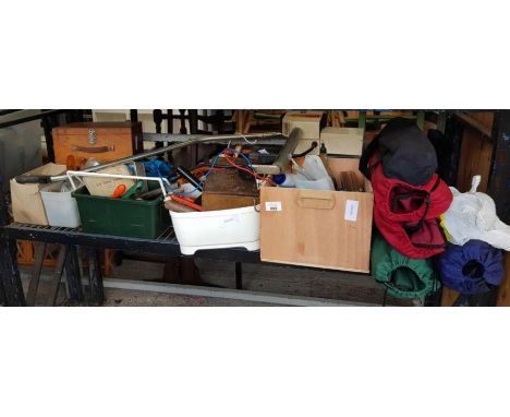Shelf of items to include mainly hand tools along with some camping chairs etc, condition requests and additional images will