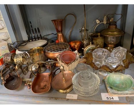 Shelf of items to include miniature brass coal scuttle, tilly lamps, glass dishes, toast rack etc condition requests and addi