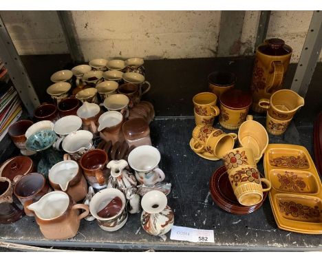 Shelf of Studio Pottery mugs, jugs &amp; collection of Royal Worcester table wear, condition requests and additional images w