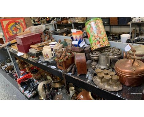 Shelf of copper teapots, barrels, silver plate items, Coronation ware, vintage games etc condition requests and additional im