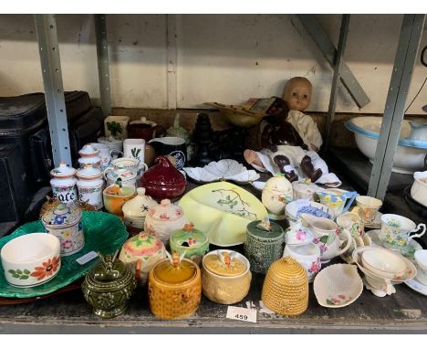 Shelf of honey pots, storage pots, scales, dolls, dishes etc condition requests and additional images will not be given for l