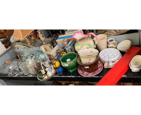 Shelf of glasses, glass ceiling lights, jugs, dishes, thermos flasks etc condition requests and additional images will not be