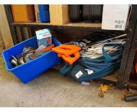 Shelf of tools, 2 hand saws &amp; bag of electric cables &amp; plugs, condition requests and additional images will not be gi