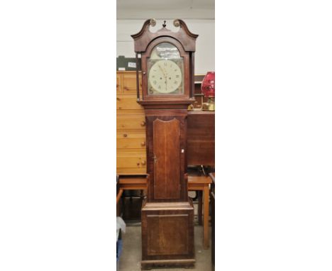 A 19th century mahogany cased longcase/grandfather clock with broken swan neck pediment, the dial painted with scenes of boat
