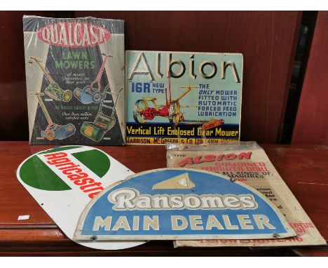 A collection of vintage signs including tin plate Ransomes Main Dealer, cardboard Albion, tin plate Castrol, etc.