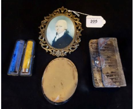A gilt framed oval reproduction portrait miniature of a gentleman in early 19th century dress, together with a late 19th cent