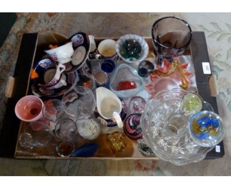 A mixed quantity of glassware and ceramics, to include: paperweights, lustre finished teawares, a Wardle candlestick, vases a