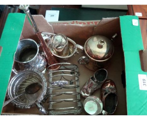 A mixed quantity of silver plate, to include: a six slice toast rack, a twin handled sugar bowl, a Walker & Hall christening 