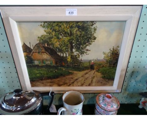 G V Meer (Dutch 20th century), a rural farm dwelling with an elderly lady before a gate, oil on canvas, signed to lower right