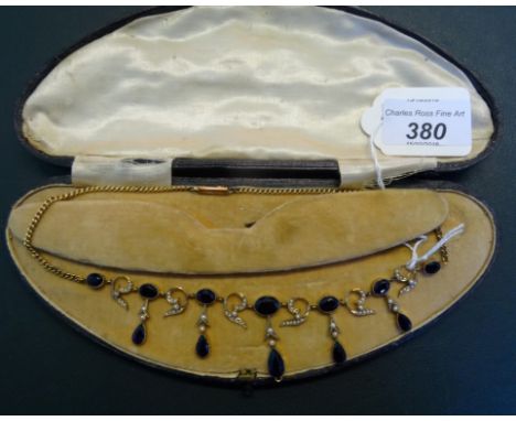 A late Victorian amethyst and seed pearl fringe necklace, the graduated fringe of pear shaped amethyst with oval amethyst and
