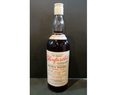 A bottle of Glenfarclas-Glenlivet All Malt Unblended Scotch Whisky, 8 years old, bottled in the 1970's, 26 2/3rds fl oz.