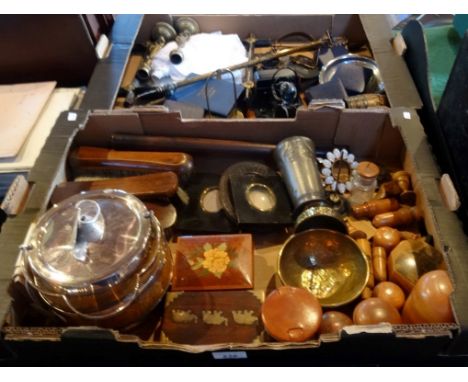 An interesting lot in two boxes, to include: treen needle cases, an Orivit Art Nouveau pewter beaker, portrait miniature fram