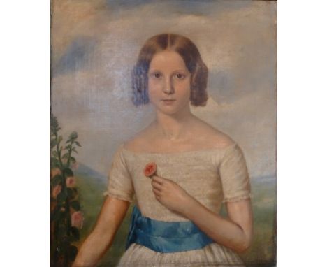 Early 20th century half-length portrait of a young girl holding a flower, oil on canvas (51.5cm x 62cm) unframed.