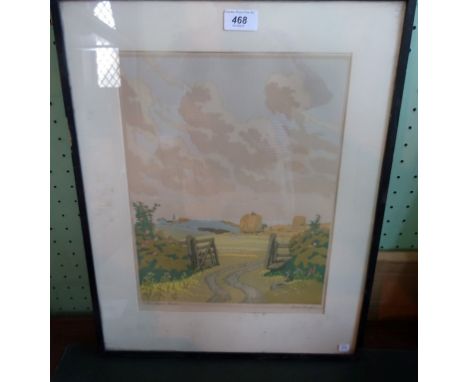 After John Hall Thorpe (1874-1947), 'The Open Gate', a colour woodblock print, haystacks in a meadow, signed and titled by th