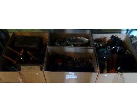 Four boxes of miscellaneous items, to include: wood working tools, silver plated flatware, napkin rings, cribbage board and o