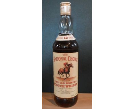 A bottle of Fine Old Blended Scotch Whisky, The National Choice, aged 12 years, 1980's bottling, the label featuring Red Rum,