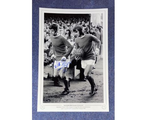 Willie Morgan signed 16x12 Manchester United 1970 FA Cup black and white print. Manchester United's Willie Morgan and George 