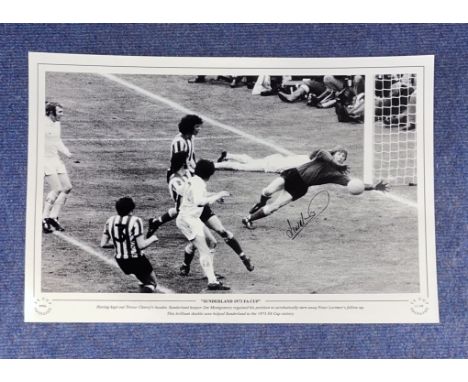 Jim Montgomery signed Sunderland 1973 FA Cup 16x12 black and white print. Having kept out Trevor Cherry's header, Sunderland 