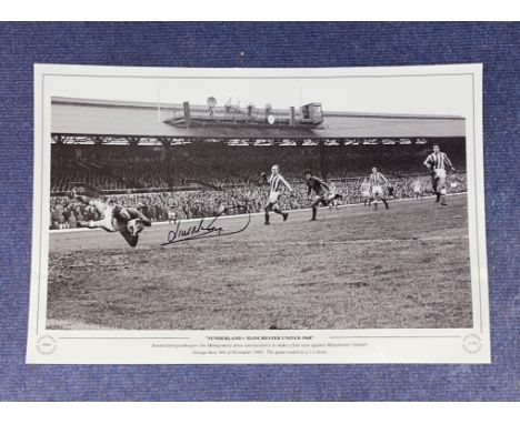 Jim Montgomery signed Sunderland v Manchester United 1968 16x12 black and white print. Sunderland goalkeeper Jim Montgomery d