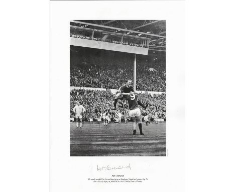 Pat Crerand signed 16x12 black and white print. The usually unruffled Pat Crerand leaps for joy as Manchester United beat Lei