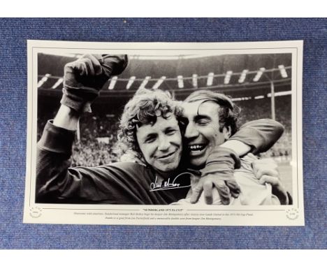 Jim Montgomery signed Sunderland 1973 FA Cup 16x12 black and white print. Overcome with emotion, Sunderland Manager Bob Stoko