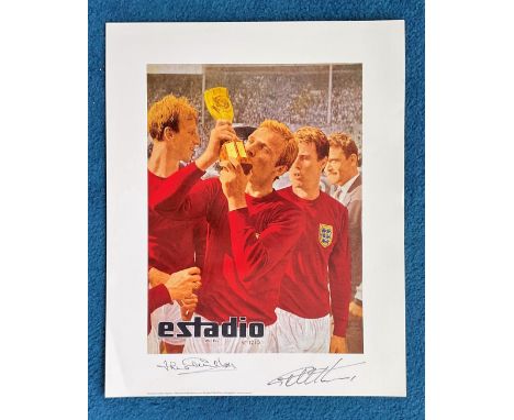 Jack Charlton and Geoff Hurst signed 22x15 colour print picturing the cover of Chilean magazine Estadio from 1966 depicting s