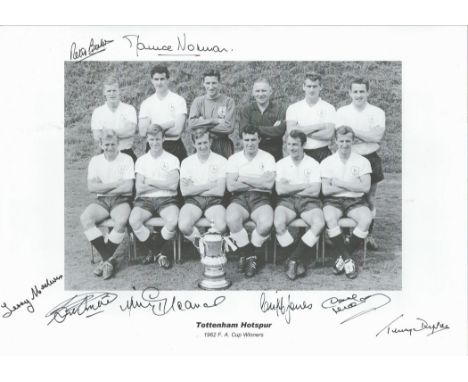 Tottenham Hotspur multi signed 1962 F. A Cup Winners 16x12 black and white photo signatures include Peter Baker, Maurice Norm