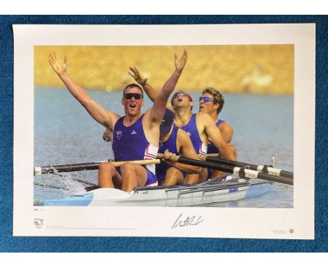 Mathew Pinsent signed 22x16 colour Team GB Olympic Gold Big Blue Tube print. Olympic Games Sydney 2000. Mathew Pinsent celebr