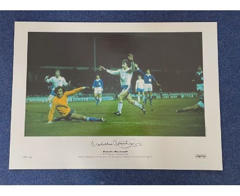 Malcom Macdonald signed 22x16 colour print 1975 European Championship pictured scoring one of his five goals i0n Englands 5 0