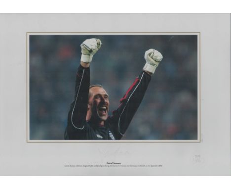 David Seaman signed 16x12 colour print. David Seaman celebrates England's fifth and final goal during the historic 5 1 victor