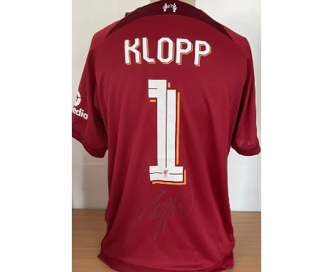 Football. Jürgen Klopp (Liverpool Manager) Signed Liverpool Size M Replica Home Jersey. Signed on Reverse Below Number 1. Ori