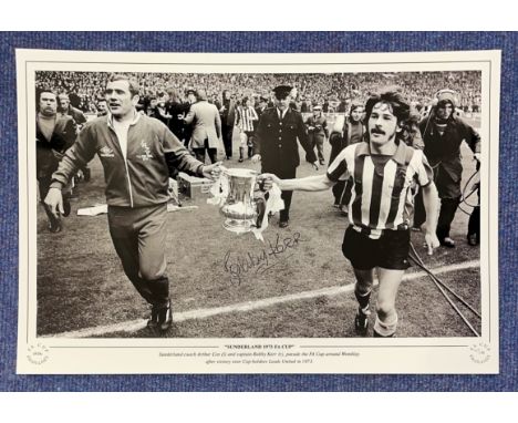 Football, Bobby Kerr signed 12x18 black and white photograph picturing Kerr and Sunderland Coach Arthur Cox during their vict