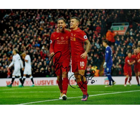 Football. Roberto Firmino and Philippe Coutinho Signed 12 x 8 inch Colour Photo Showing the Pair Celebrating for Liverpool. G